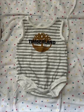 Timberland Gray & White Striped Baby Bodysuit with Logo